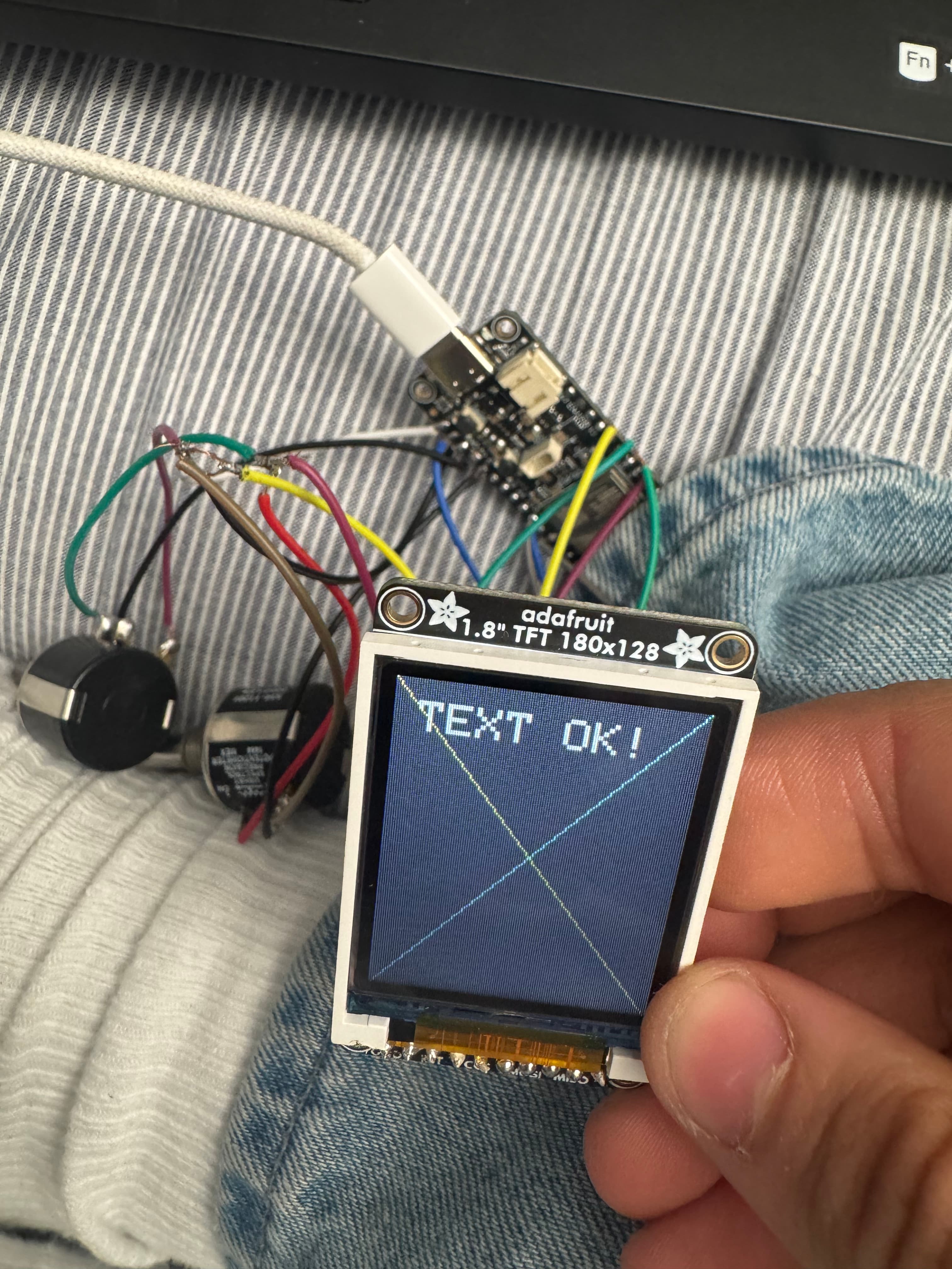 Successful first test of the ST7735 TFT display running from the ESP32 Feather